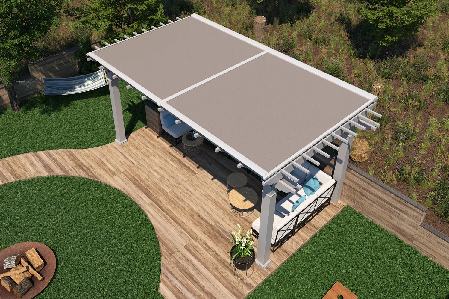 ShadeFlex Glide motorized pergola canopy over outdoor seating area