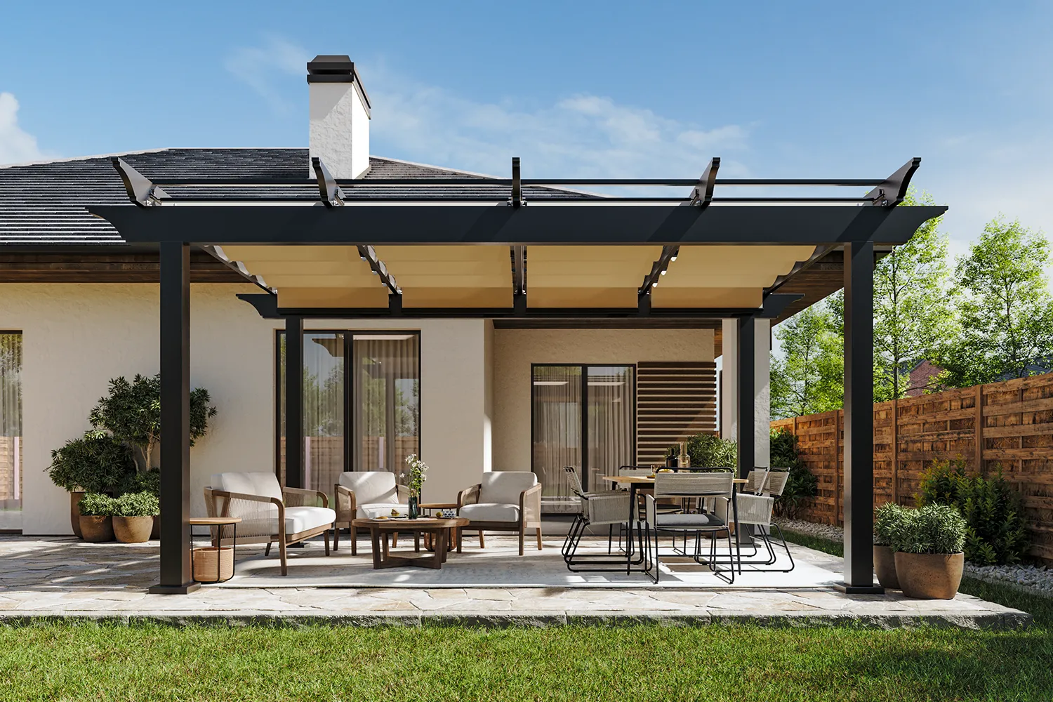 Atlas aluminum pergola with integrated ShadeFlex canopies over outdoor dining area