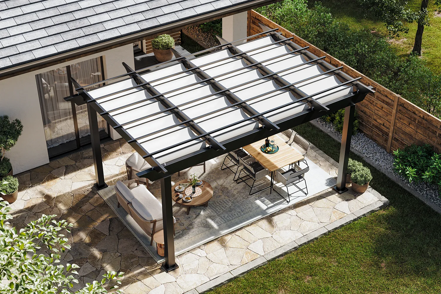 Atlas aluminum pergola with integrated ShadeFlex canopies over patio