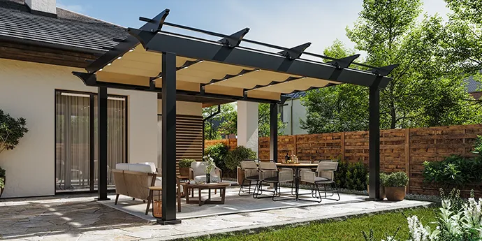 Atlas aluminum pergola with integrated ShadeFlex canopies