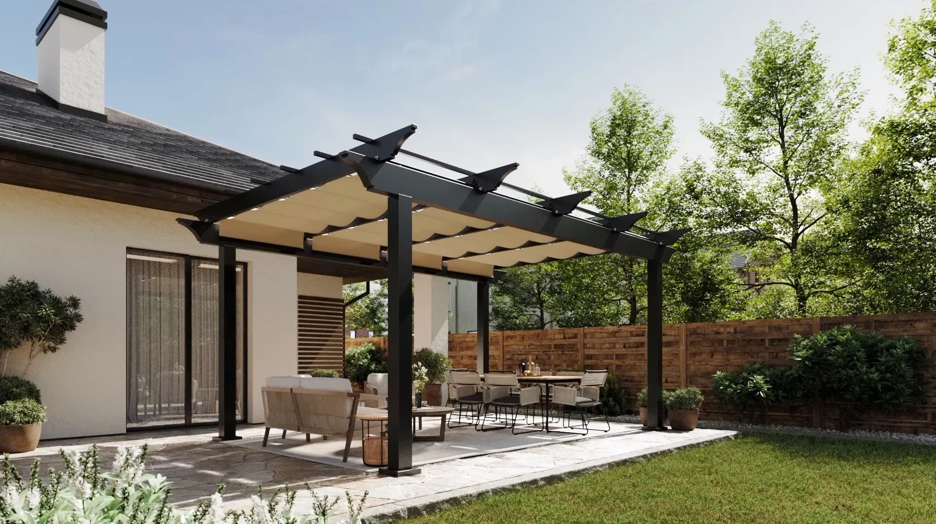 Atlas aluminum pergola with ShadeFlex Canopies on a stone patio