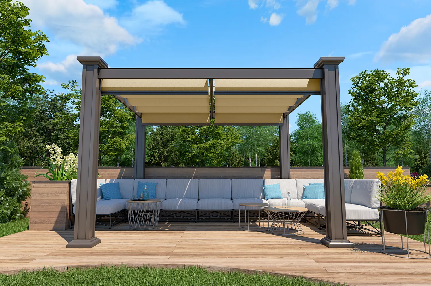 Craftsman aluminum patio cover with retractable canopies over outdoor seating area