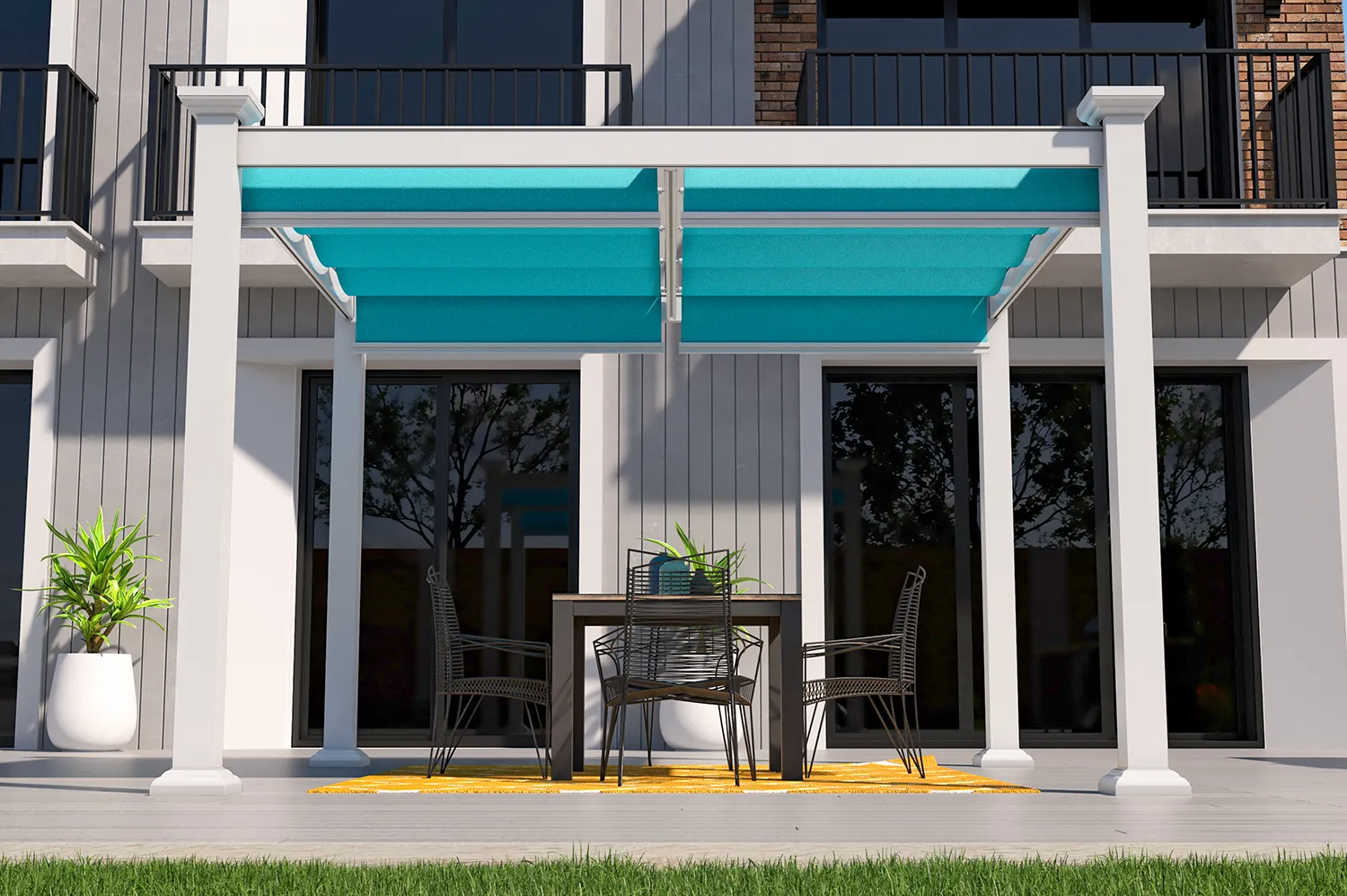 Outlook aluminum patio cover with ShadeFlex canopies using Sunbrella fabric