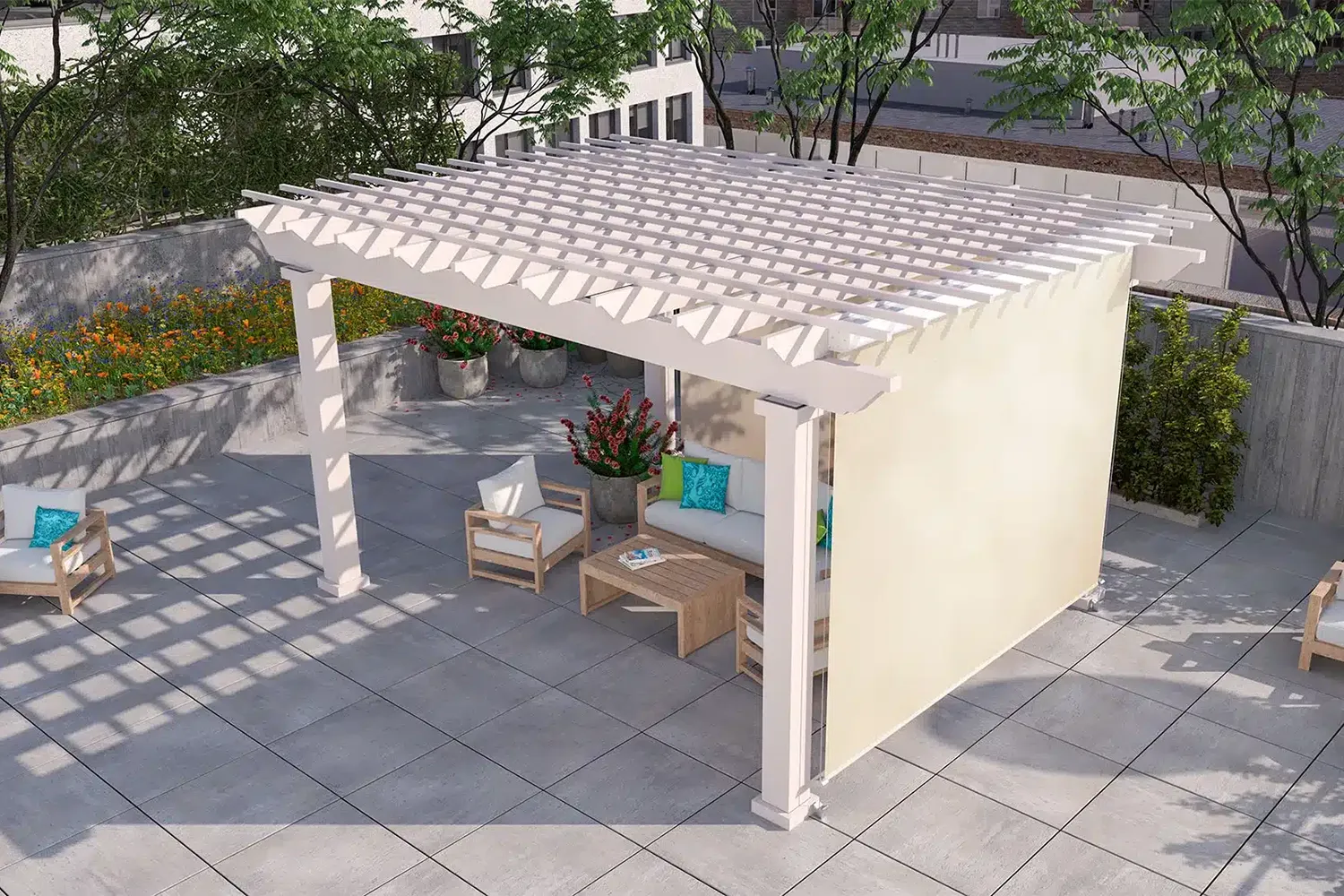 ShadeFlex Horizon Outdoor Blind protecting outdoor seating area from horizontal sun