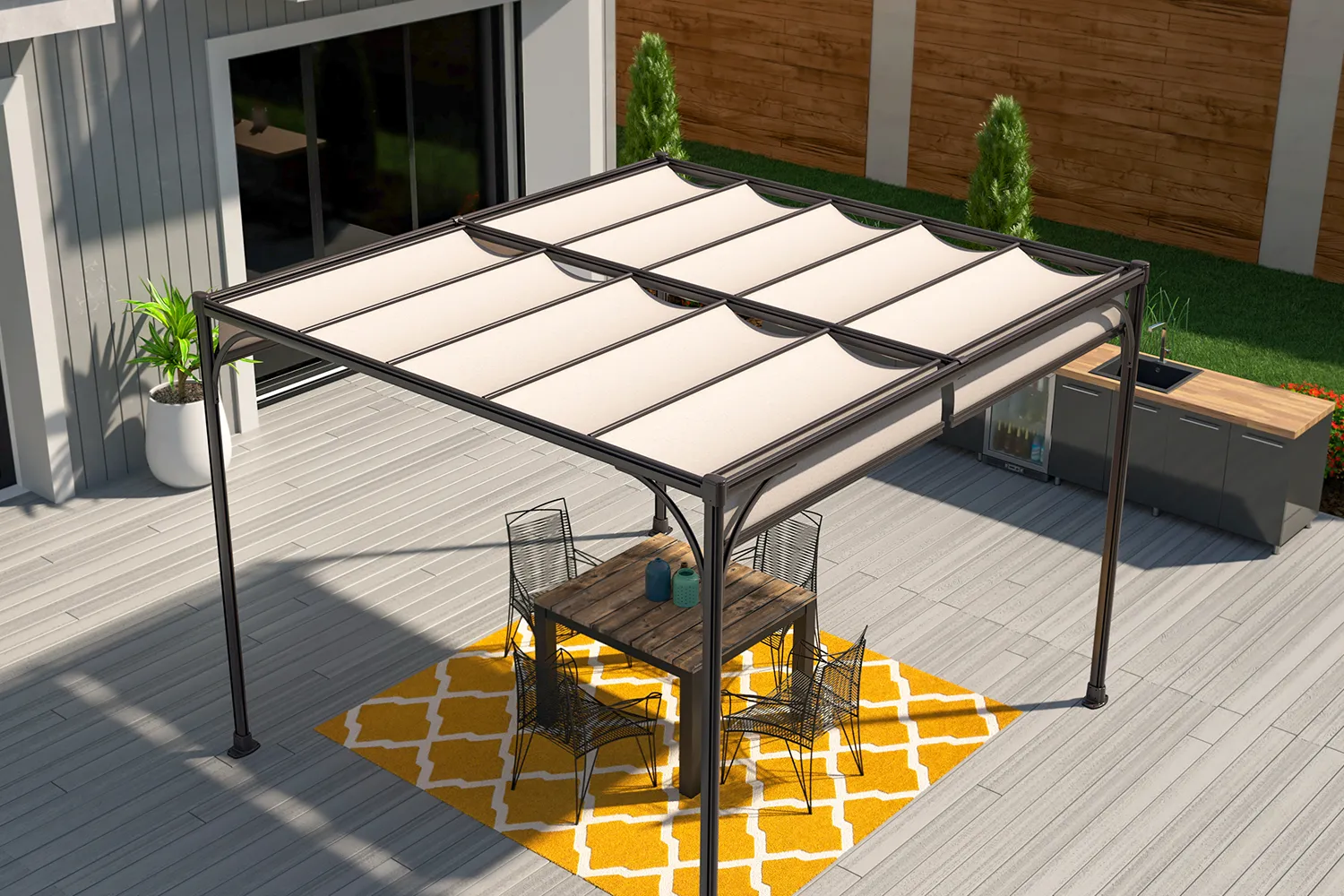 Silhouette aluminum patio cover with integrated ShadeFlex canopies