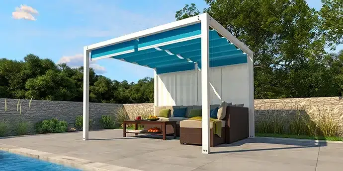 Zephyr aluminum cabana pool side with blue retractable canopies and wave curtains